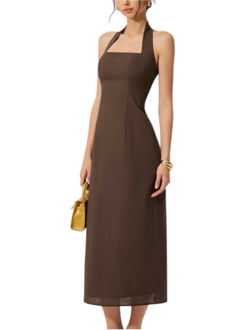 Commense Brown Linen Cotton Halter Midi Maxi Dress Backless Small NWT